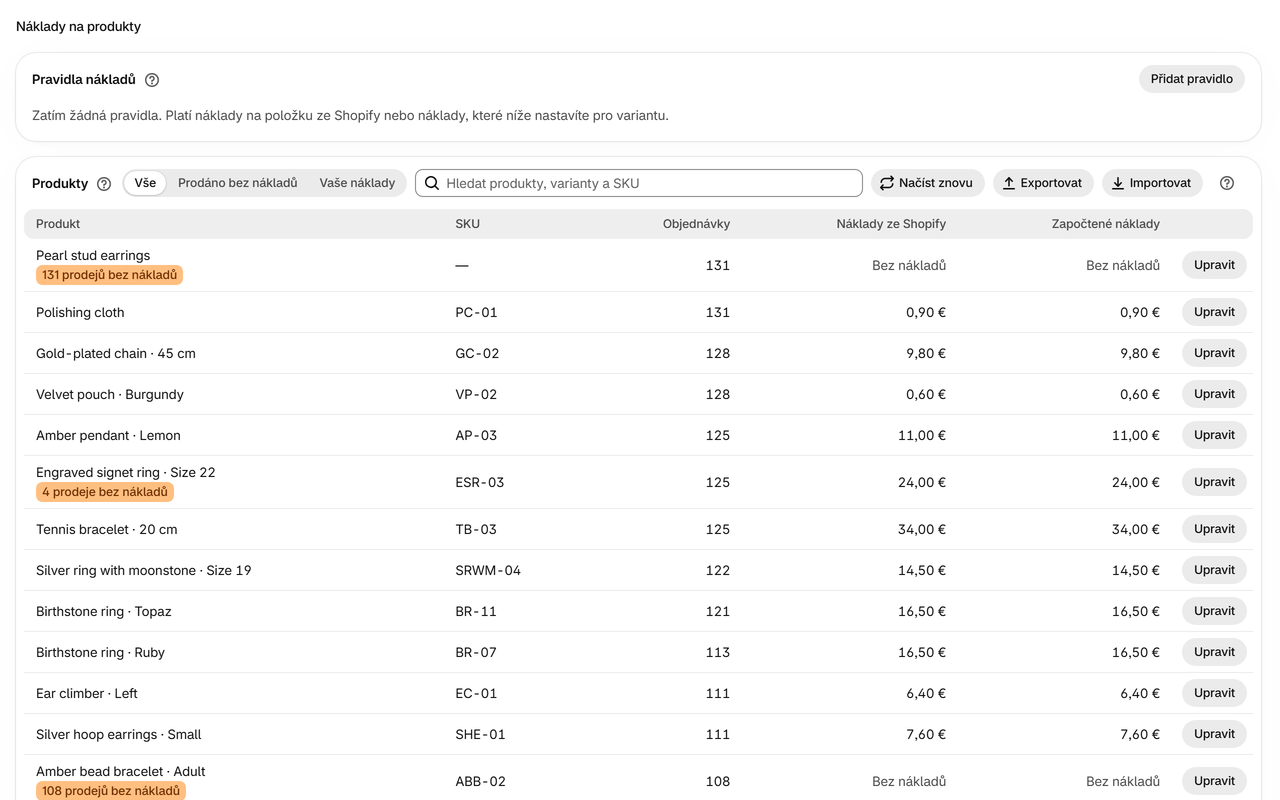 Náklady na produkty: Vlastní náklady varianty od libovolného data nebo pravidla podle typu produktu, dodavatele, štítku či kolekce. Importujte a exportujte je jako tabulku.