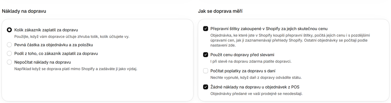 Přepravní štítky zakoupené v Shopify