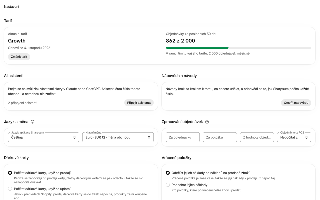 Nastavení: Doprava, zpracování objednávek, poplatky za platby, vrácené zboží a dárkové karty – počítané tak, jak je počítá vaše firma.