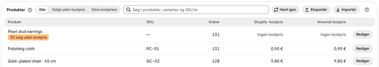 Udfyld mange kostpriser fra en fil