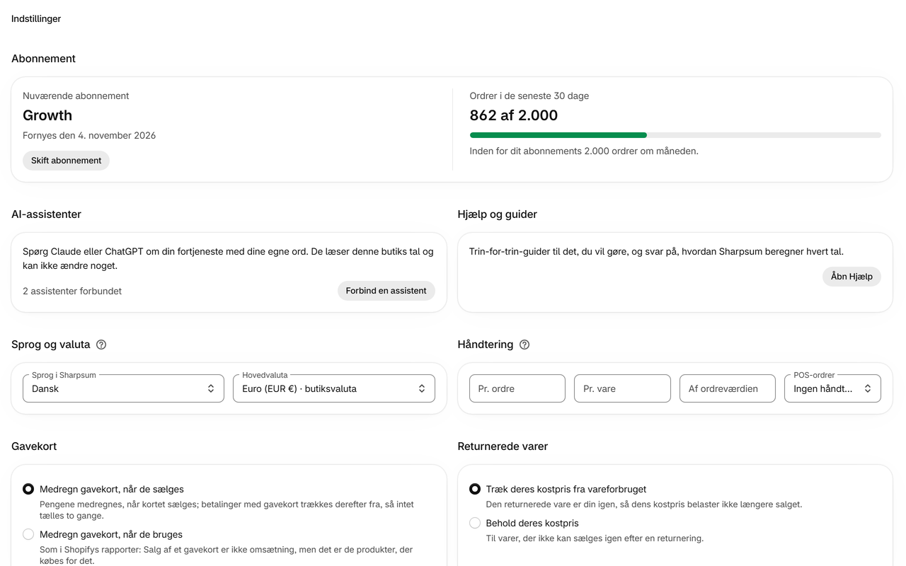 Indstillinger: Forsendelse, håndtering, betalingsgebyrer, returneringer og gavekort – opgjort, som din virksomhed opgør dem.