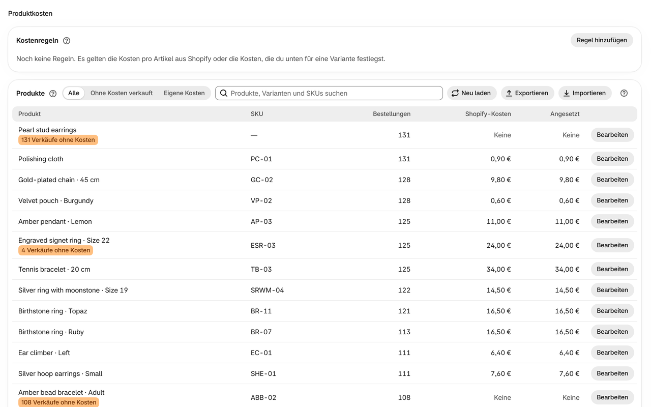 Produktkosten: Eigene Kosten für eine Variante ab einem beliebigen Datum – oder Regeln nach Produkttyp, Anbieter, Tag oder Kollektion. Importiere und exportiere sie als Tabelle.