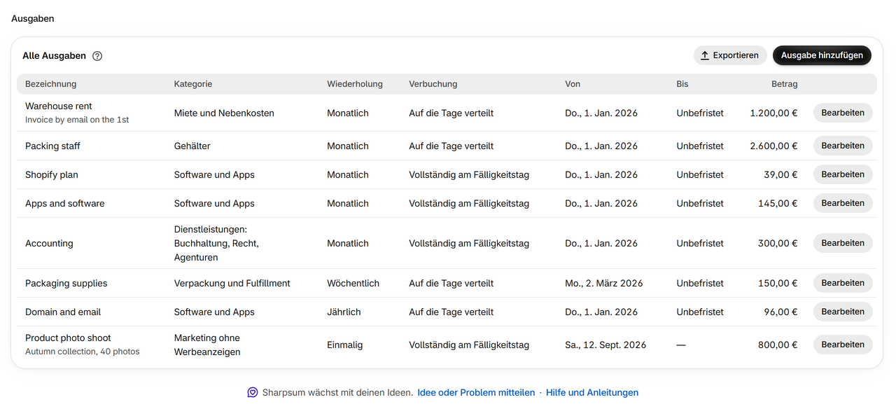 Ausgaben: Miete, Gehälter, Apps und andere Kosten – einmalig oder wiederkehrend, als Betrag, pro Bestellung oder als Anteil am Umsatz, in jeder Währung.