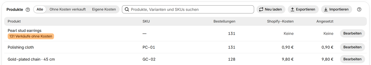 Viele Kosten aus einer Datei übernehmen