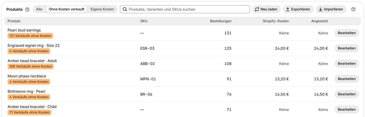 Produktkosten hinterlegen