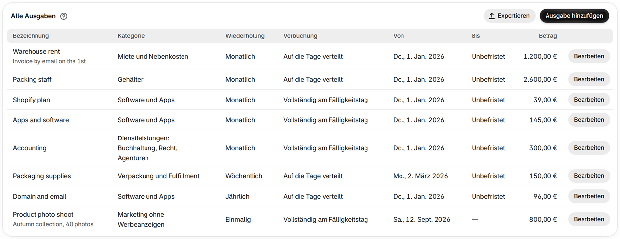 Fixkosten hinzufügen