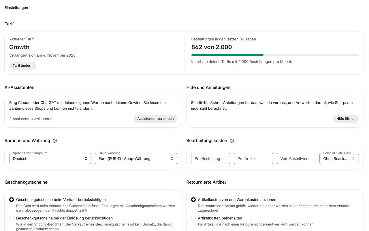 Einstellungen: Versand, Bearbeitungskosten, Zahlungsgebühren, Retouren und Geschenkgutscheine – so gezählt, wie dein Unternehmen sie zählt.