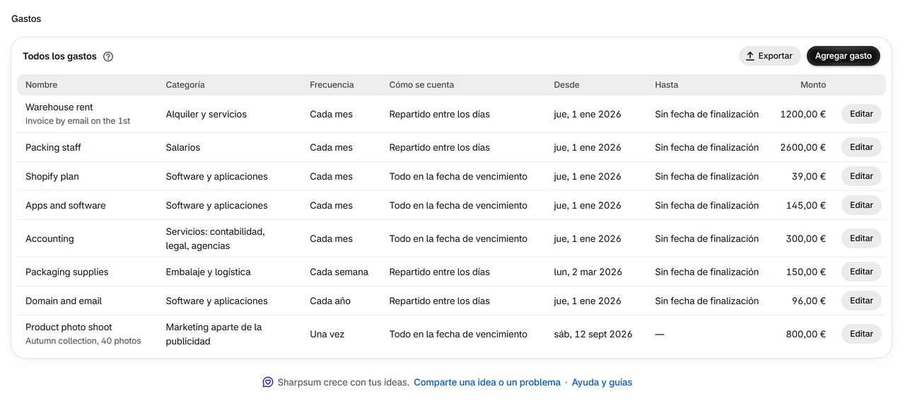 Gastos: Alquiler, salarios, apps y otros costos, únicos o recurrentes: un monto, un monto por pedido o una parte de los ingresos, en cualquier moneda.