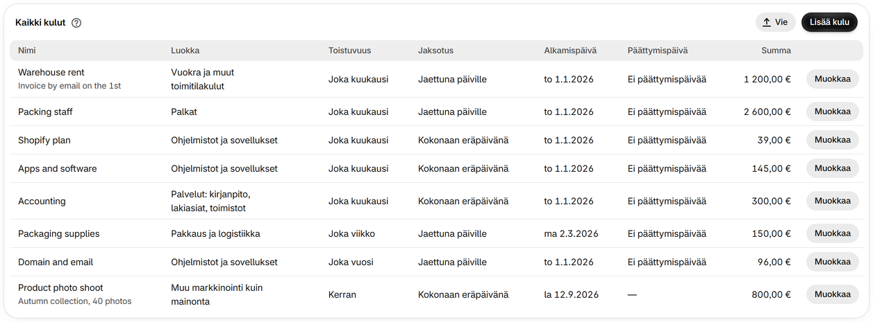Lisää kiinteät kulusi
