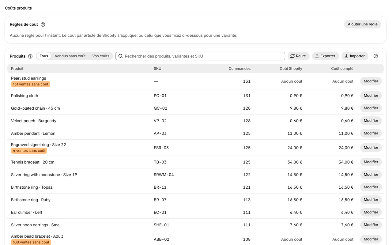 Coûts produits: Votre propre coût pour une variante à partir de n’importe quelle date, ou des règles par type de produit, fournisseur, balise ou collection. Importez-les et exportez-les dans un tableur.
