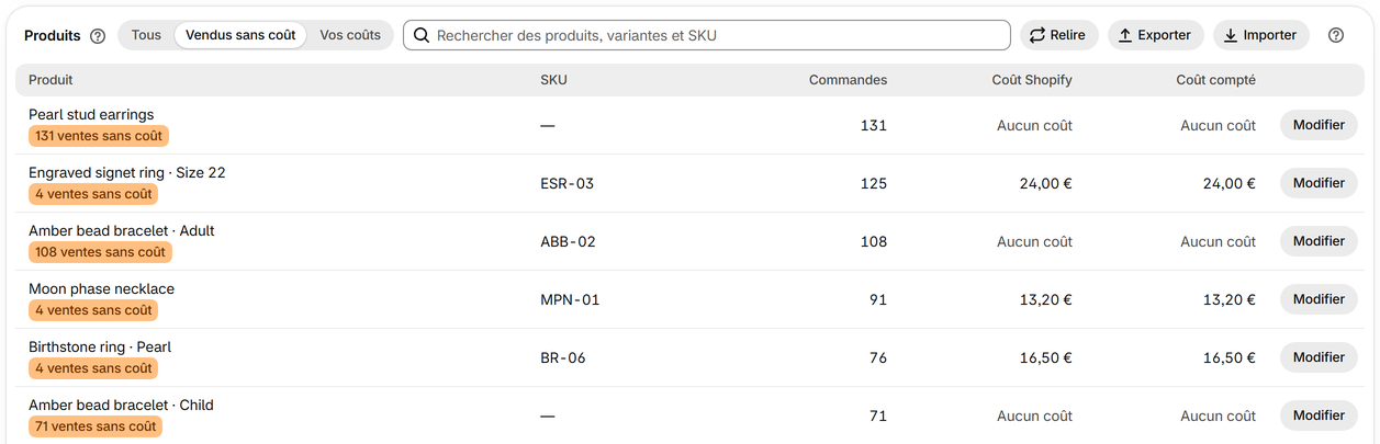 Renseignez le coût de vos produits