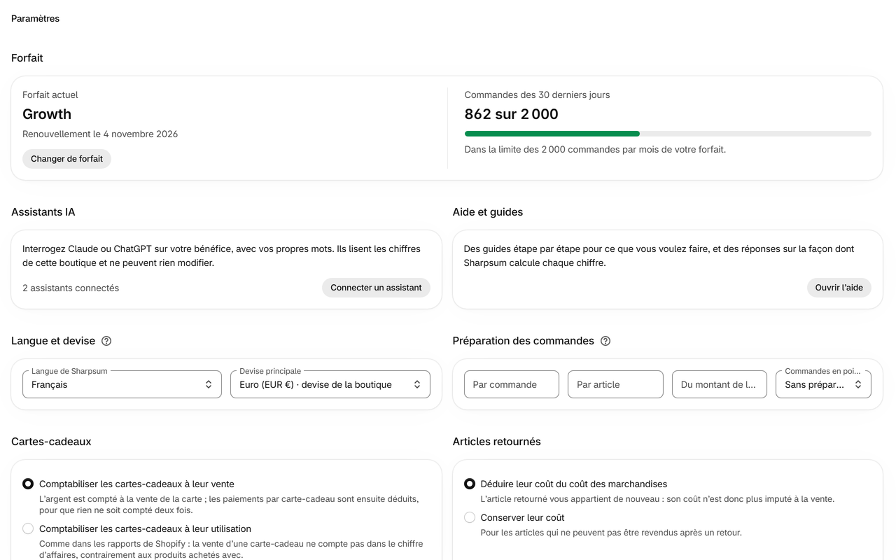 Paramètres: Expédition, préparation des commandes, frais de paiement, retours et cartes-cadeaux, comptés comme votre entreprise les compte.