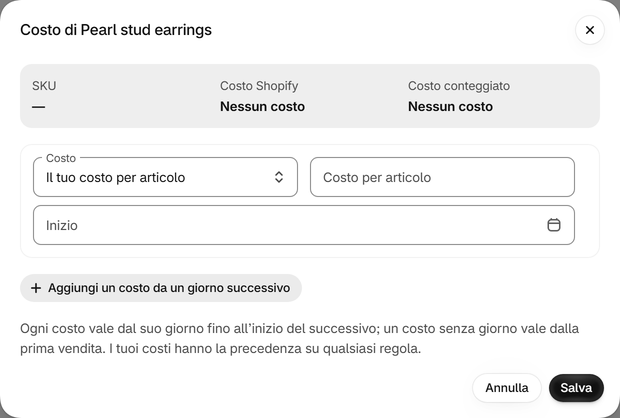 Assegna a una variante un tuo costo