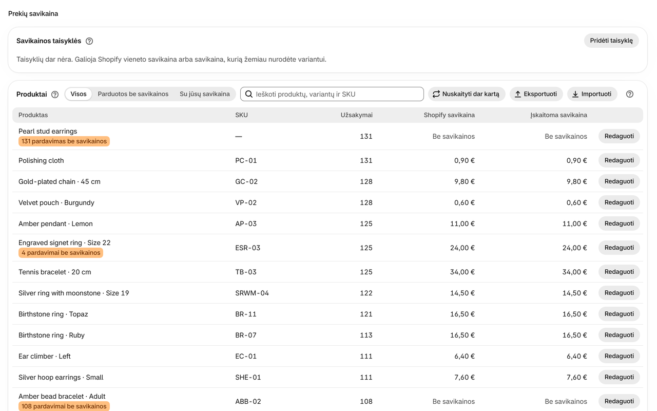Prekių savikaina: Jūsų pačių varianto savikaina nuo bet kurios datos arba taisyklės pagal produkto tipą, pardavėją, žymą ar kolekciją. Savikainas galite importuoti ir eksportuoti skaičiuoklės failu.