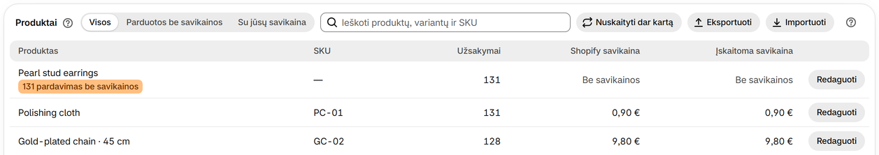 Užpildykite daug savikainų iš failo