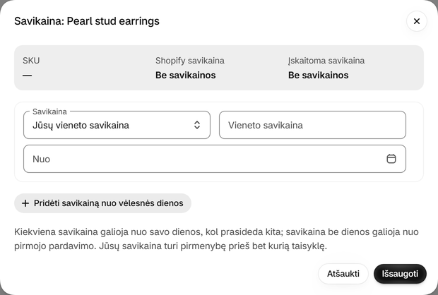 Nurodykite variantui savo savikainą