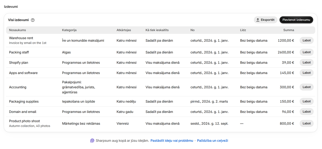 Izdevumi: Īre, algas, lietotnes un citas izmaksas — vienreizējas vai regulāras, kā summa, par pasūtījumu vai kā ieņēmumu daļa, jebkurā valūtā.