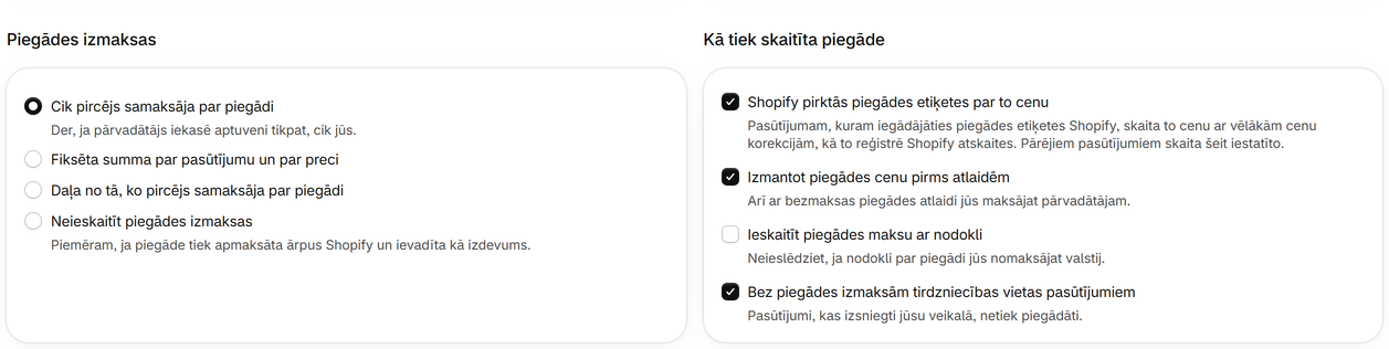 Shopify pirktās piegādes etiķetes
