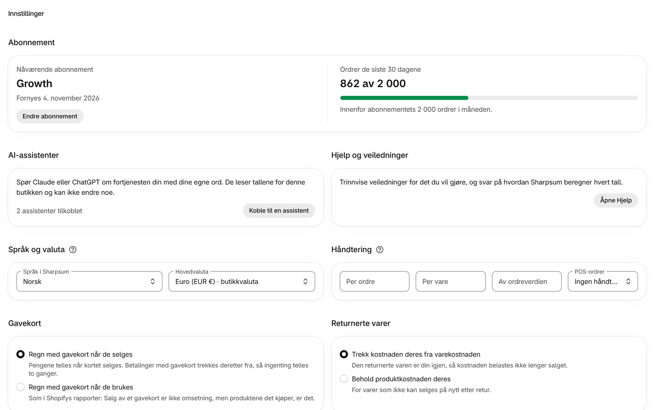Innstillinger: Frakt, håndtering, betalingsgebyrer, returer og gavekort – regnet slik bedriften din regner dem.