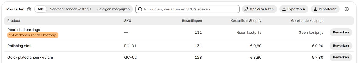 Vul veel kostprijzen in met een bestand