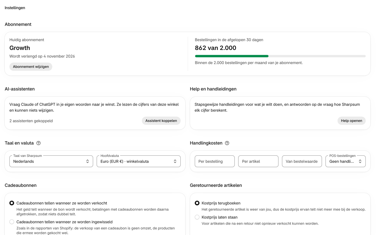 Instellingen: Verzending, handlingkosten, betalingskosten, retouren en cadeaubonnen – geteld zoals jouw bedrijf ze telt.