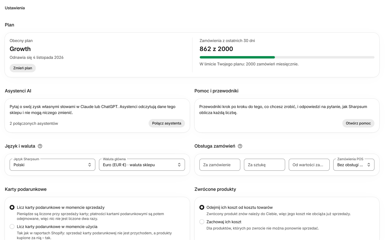 Ustawienia: Wysyłka, obsługa zamówień, opłaty za płatności, zwroty i karty podarunkowe liczone tak, jak liczy je Twoja firma.
