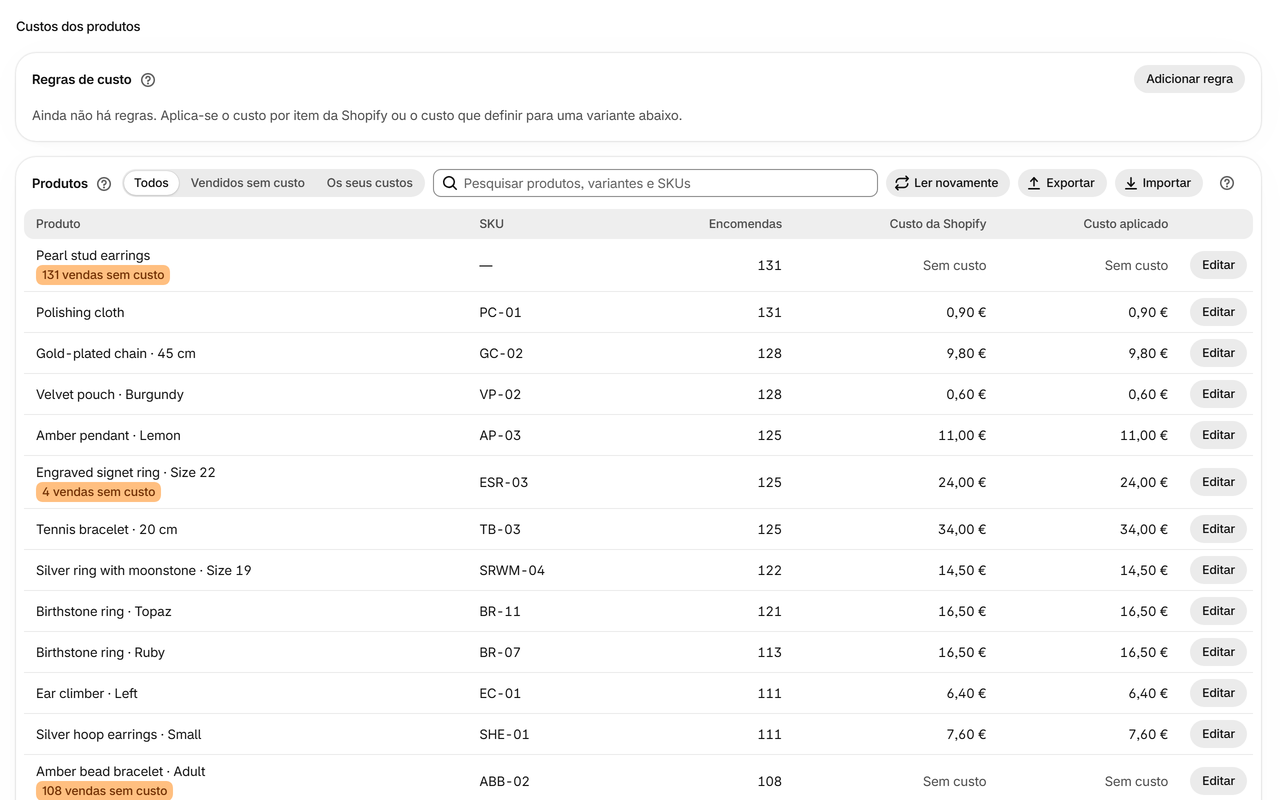Custos dos produtos: O seu próprio custo para uma variante a partir de qualquer data, ou regras por tipo de produto, fornecedor, etiqueta ou coleção. Importe-os e exporte-os numa folha de cálculo.