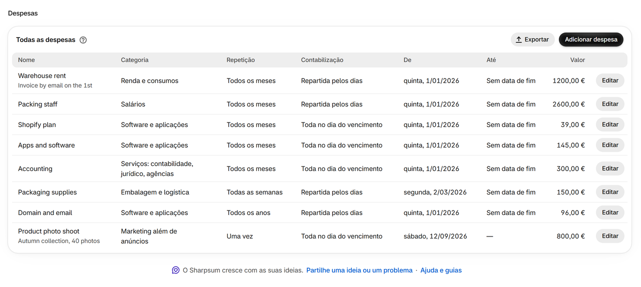 Despesas: Renda, salários, aplicações e outros custos, pontuais ou recorrentes, como valor fixo, por encomenda ou como parte da receita, em qualquer moeda.