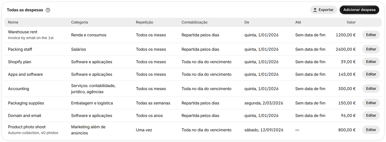 Adicione os seus custos fixos