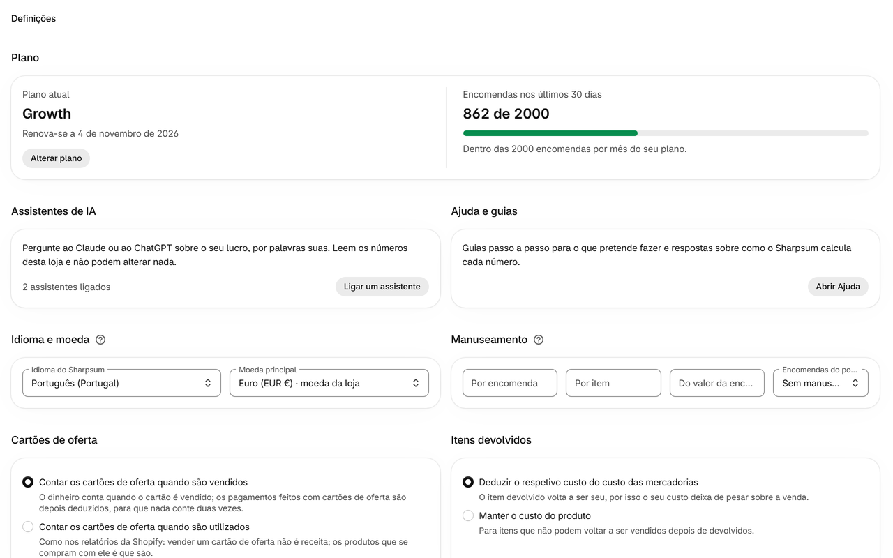 Definições: Envio, manuseamento, taxas de pagamento, devoluções e cartões de oferta, contados como o seu negócio os conta.