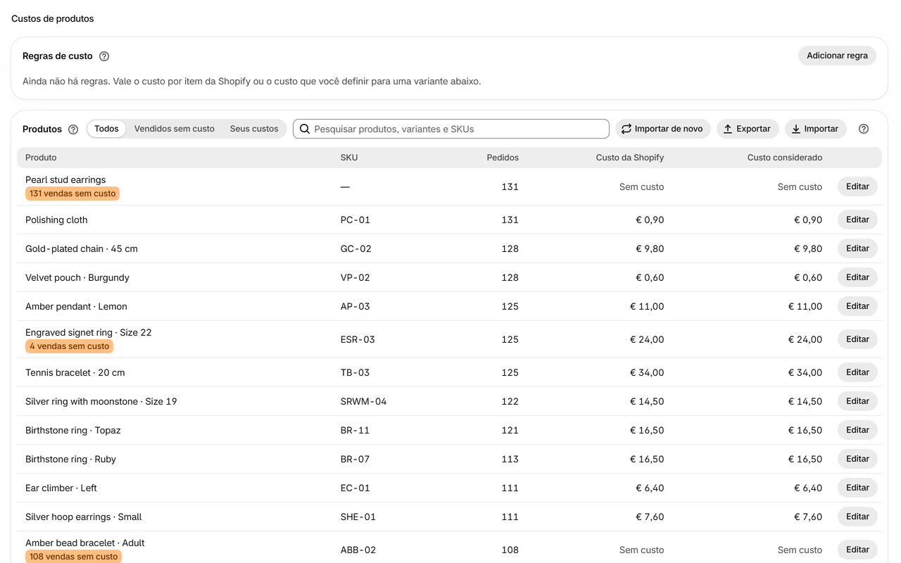 Custos de produtos: Seu próprio custo para uma variante a partir de qualquer data, ou regras por tipo de produto, fornecedor, tag ou coleção. Importe e exporte tudo em planilha.