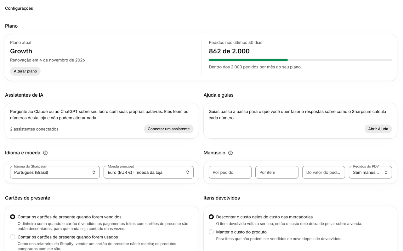 Configurações: Frete, manuseio, taxas de pagamento, devoluções e cartões de presente contados do jeito que o seu negócio conta.