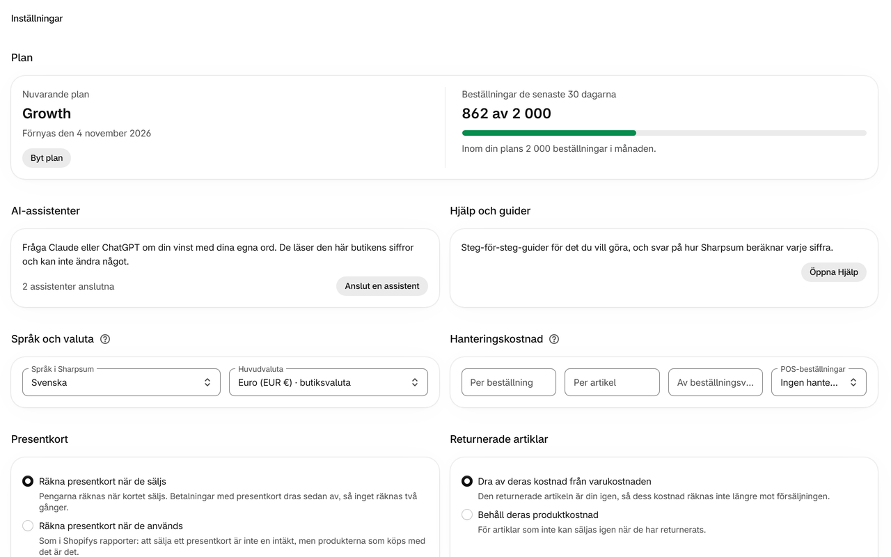 Inställningar: Frakt, hanteringskostnad, betalningsavgifter, returer och presentkort – räknade så som ditt företag räknar dem.