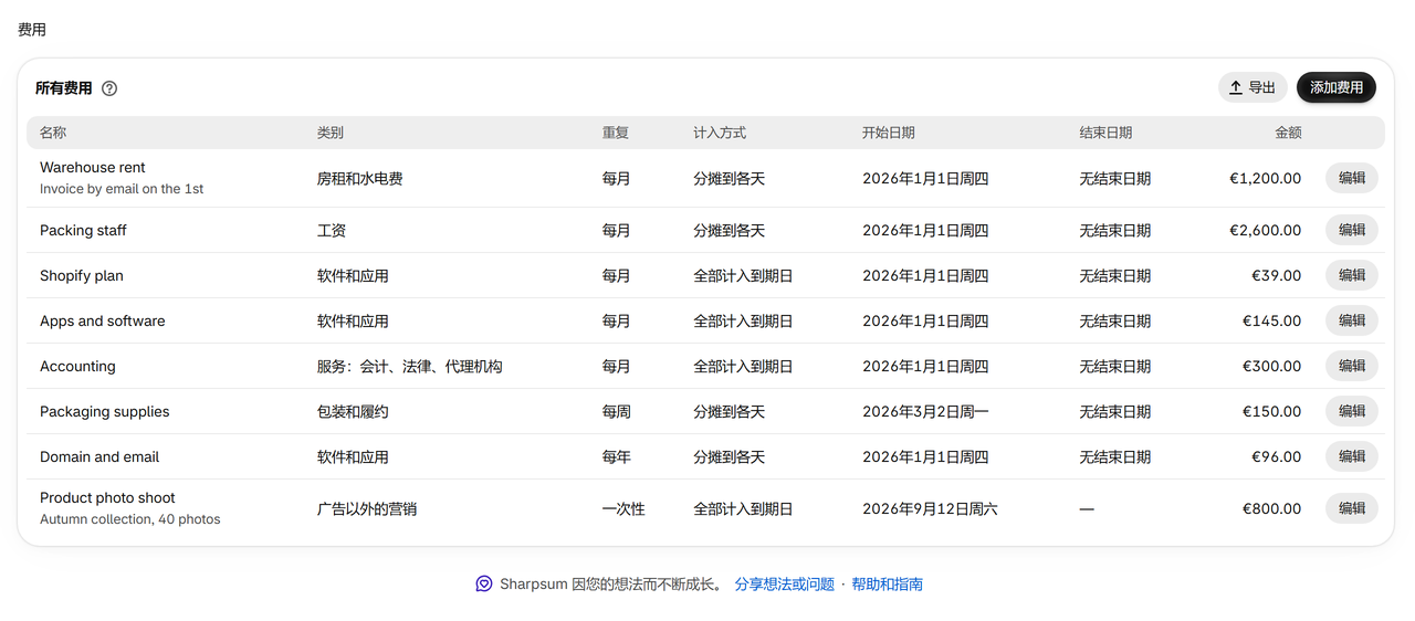 费用: 房租、工资、应用及其他成本，可设为一次性或周期性，按固定金额、每个订单的金额或收入的一定比例计算，支持任意货币。